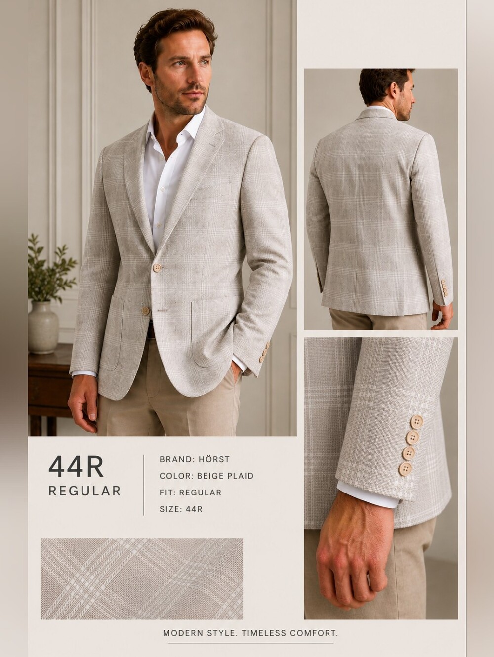 Hörst Beige/Grey Plaid Men's Blazer - Modern Tailored Fit Linen Cotton Blend